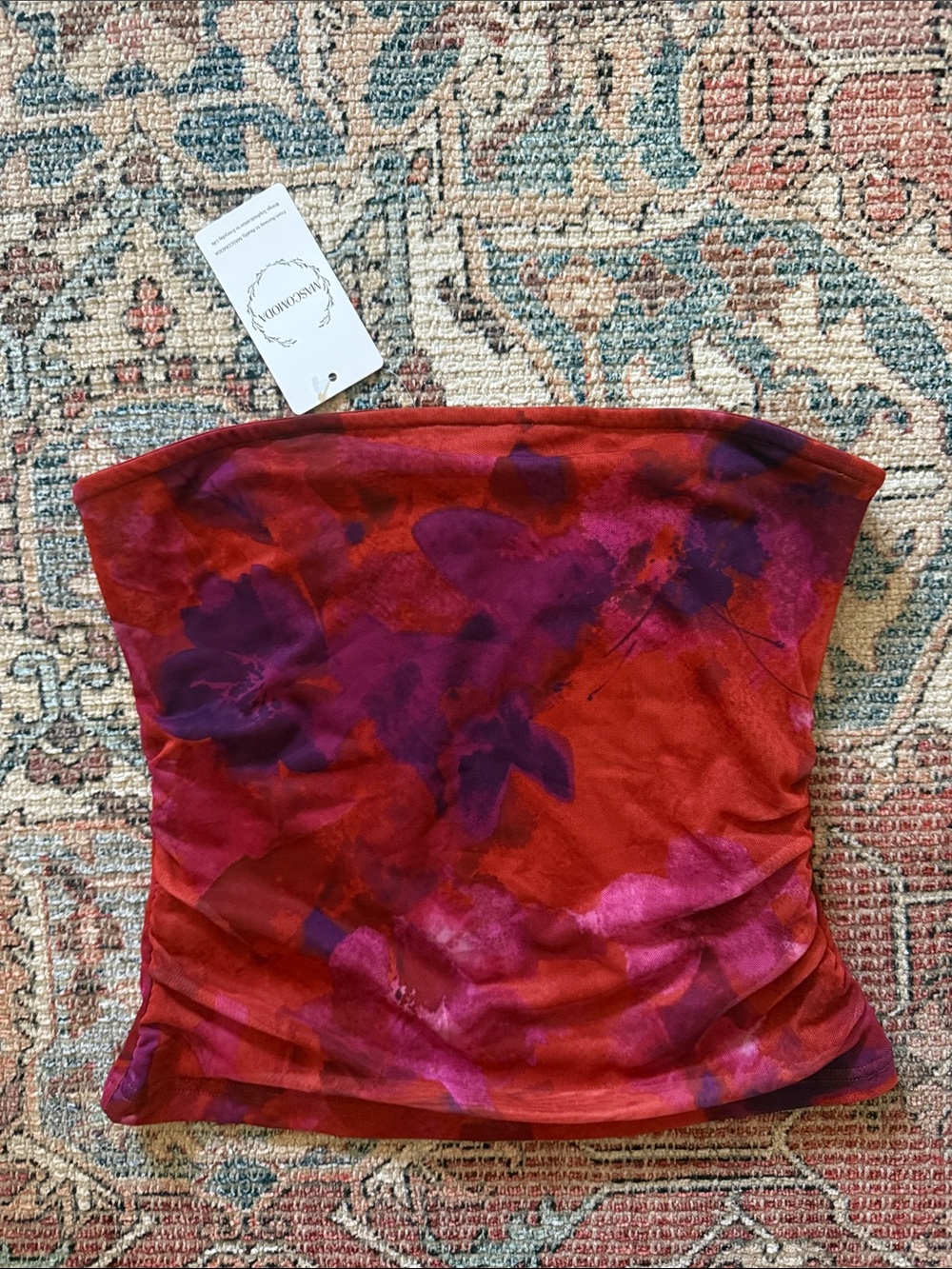 Bold Red Strapless Tube Top with Purple Floral Wash